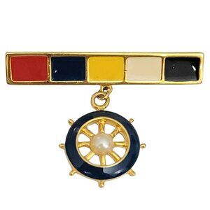 Marvella Gold Tone Enamel Bar Pin Ships Wheel Dangle Charm Pin, Signed